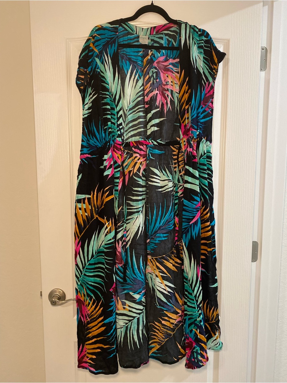 Kona Sol swim suit cover. Black with Teal, Pink, Orange & Mint Leaf Print